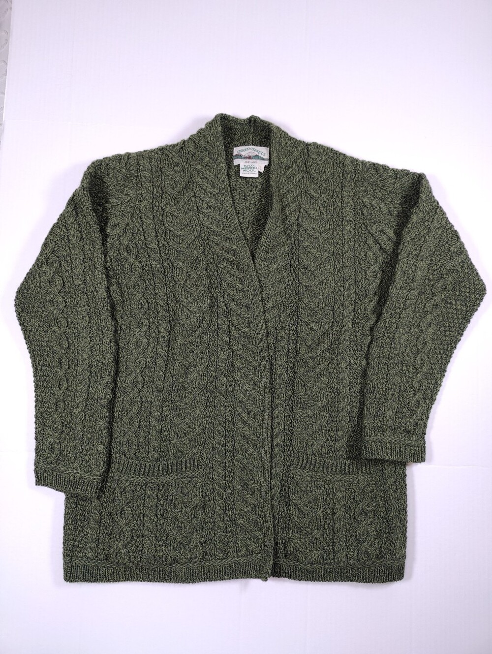 Aran Crafts Wool Olive Green Cable Knit Open Front Cardigan Sz L Made In Ireland